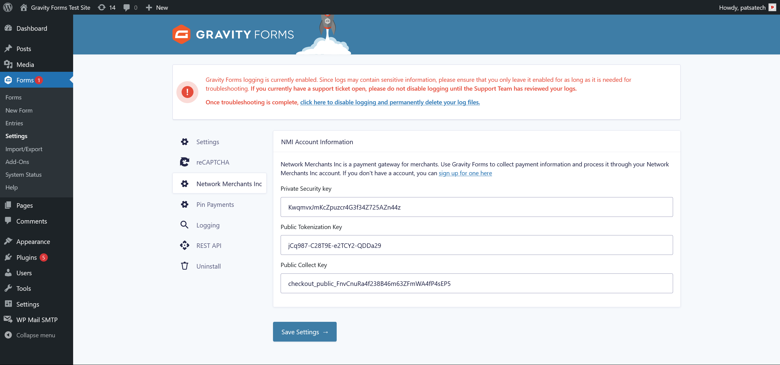 Gravity Forms Network Merchants Inc Settings Page 