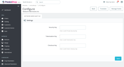 Network Merchants Inc PrestaShop Settings Page